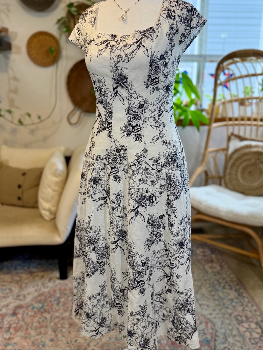 Linen Blend Bagatelle Artsy Boho Euro Summer White Black Floral Midi SunDress 6 - Picture 5 of 12